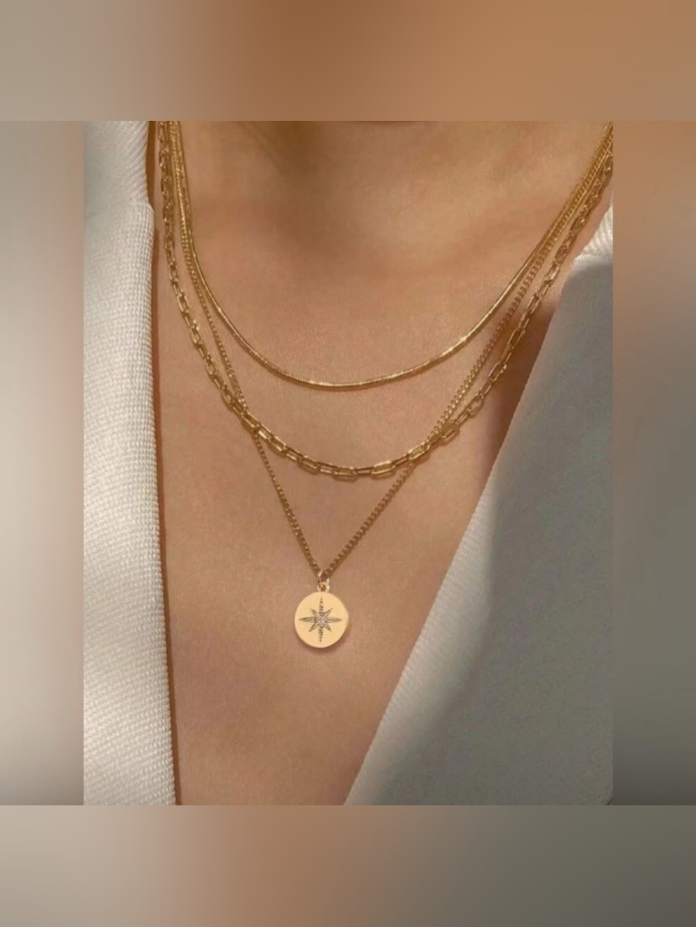 Gold Plated Stainless Steel 3pc Disc Pendant Chain Necklace